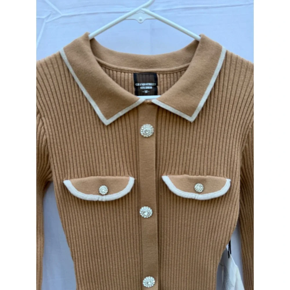 Grand Street Studios Camel Ribbed Knit Rhinestone Button Polo Mini Dress M NEW
